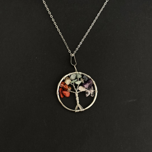  7 Chakra Tree of Life Wire Wrapped Crystal Pendant Necklace