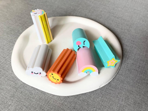 Fancy erasers with sun, cloud and rainbow designs