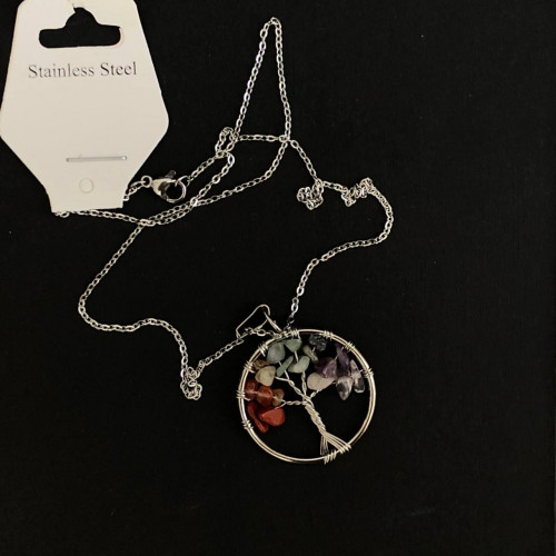  7 Chakra Tree of Life Wire Wrapped Crystal Pendant Necklace