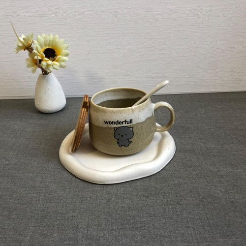 Fancy ceramic mug with wooden lid and spoon - an attractive gift