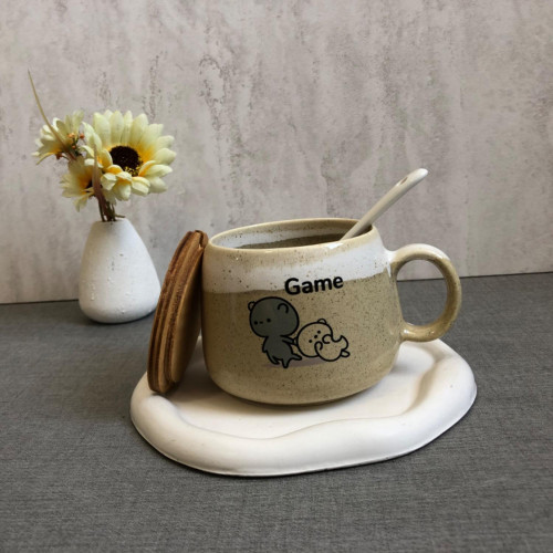 Fancy ceramic mug with wooden lid and spoon - an attractive gift
