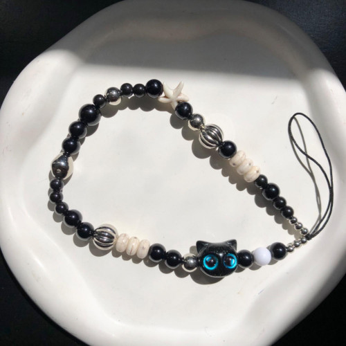 Y2K Aesthetic Black Cat Beaded Phone Charm Strap