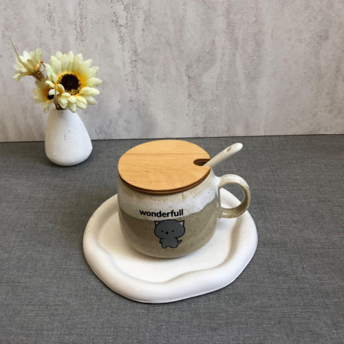 Fancy ceramic mug with wooden lid and spoon - an attractive gift