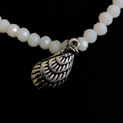 White Crystal Beaded Necklace with Shell / Pinecone Metal Pendant