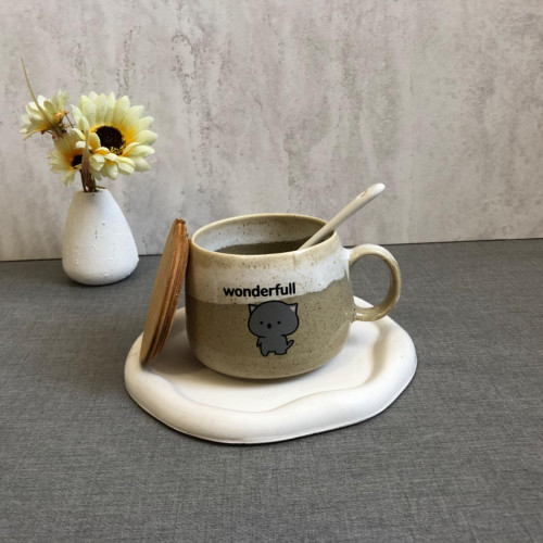 Fancy ceramic mug with wooden lid and spoon - an attractive gift