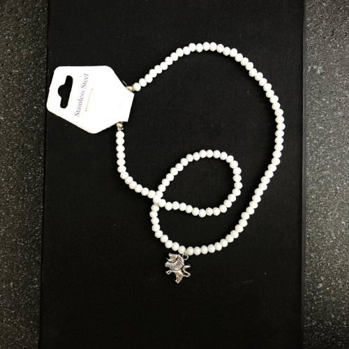  White Crystal Beaded Necklace with Silver Winged Lion Pendant