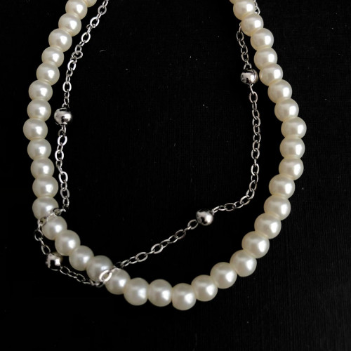 White Pearl & Silver Steel Ball Double Bracelet Set