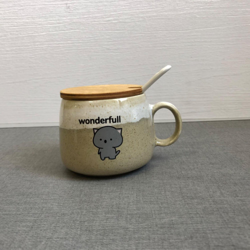 Fancy ceramic mug with wooden lid and spoon - an attractive gift