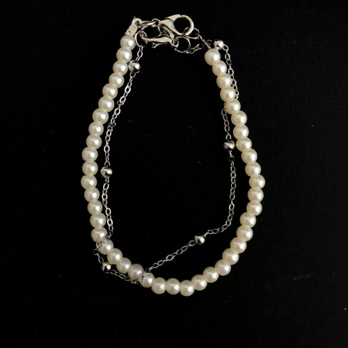 White Pearl & Silver Steel Ball Double Bracelet Set
