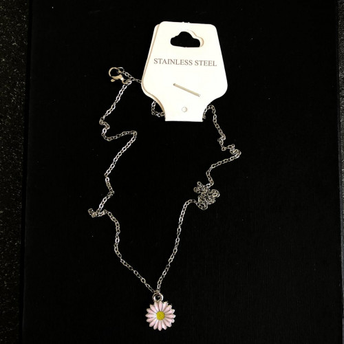  Pink Enamel Daisy Flower Pendant Necklace