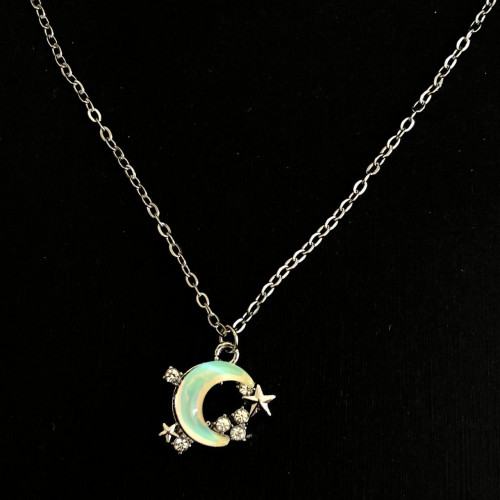  Moon and Star Pendant Necklace with Opal Effect