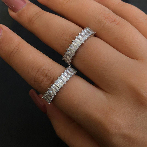 Silver Tennis Ring with Baguette Crystals (Adjustable Size)